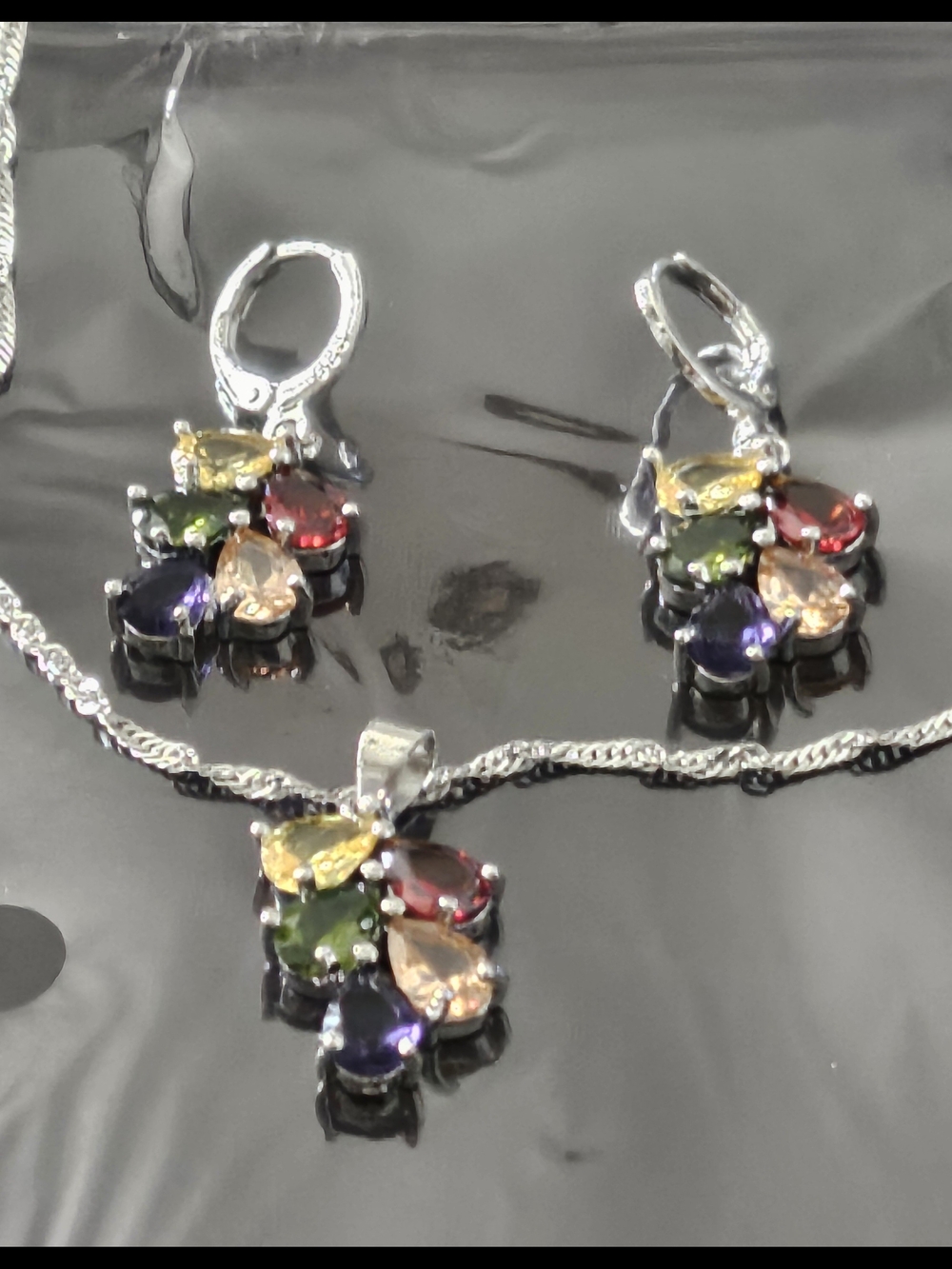 Multi-Gem Teardrop Pendant Necklace and Earrings Set - Silver